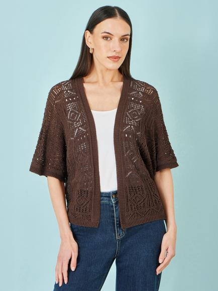 Yumi Open Neck Crochet Cardigan, Brown, Brown