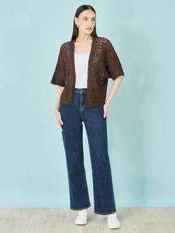 Yumi Open Neck Crochet Cardigan, Brown - view 2, Brown