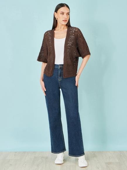 Yumi Open Neck Crochet Cardigan, Brown - view 2, Brown