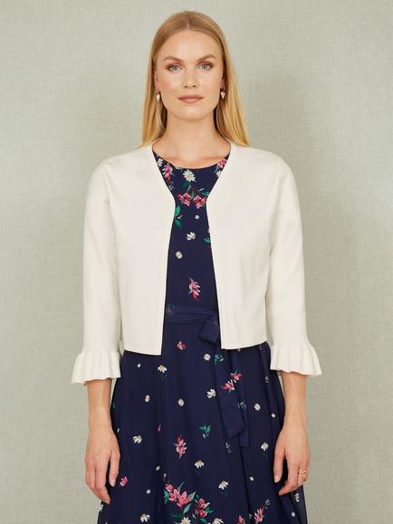 Yumi Open Neck Bell Sleeve Cropped Cardigan, Ivory, Ivory
