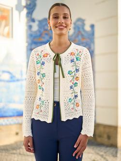 Yumi Embroidered Floral Crochet Cardigan, Ivory, Ivory