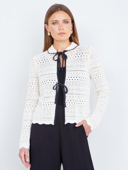 Yumi Tie Front Crochet Knit Cardigan, Ivory, Ivory