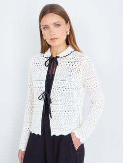 Yumi Tie Front Crochet Knit Cardigan, Ivory - view 2, Ivory