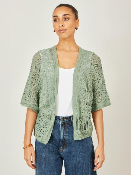 Yumi Open Neck Crochet Cardigan, Brown, Sage Green