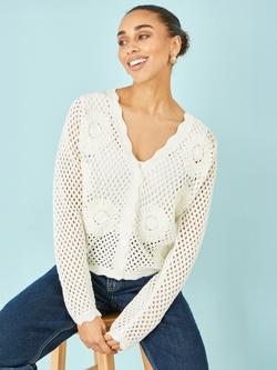 Yumi Floral Crochet Knit Cardigan, White, White