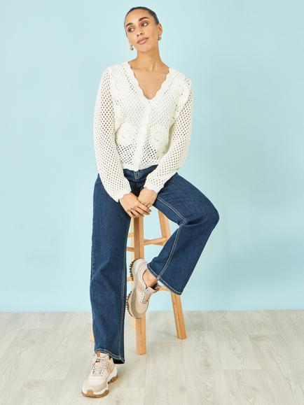 Yumi Floral Crochet Knit Cardigan, White - view 2, White