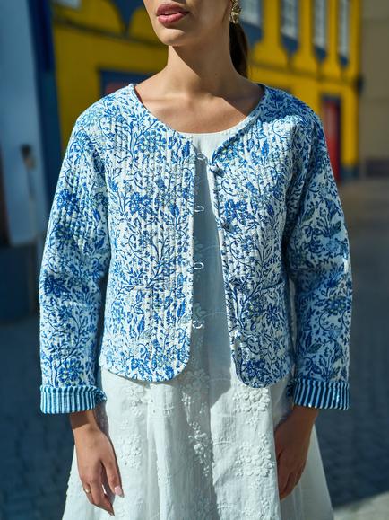 Yumi Boho Floral/Stripe Reversible Jacket, Blue, Blue