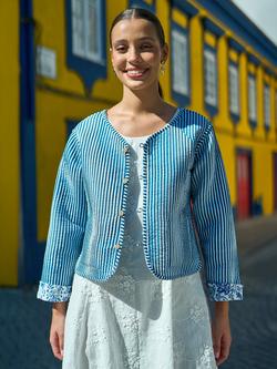 Yumi Boho Floral/Stripe Reversible Jacket, Blue - view 2, Blue