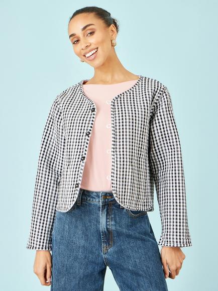 Yumi Gingham Reversible Cotton Quilted Cropped Jacket, White - view 2, White