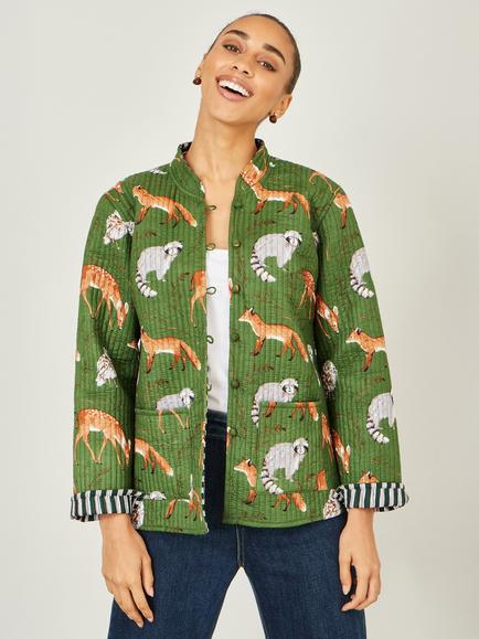 Yumi Fox Reversible Cotton Quilted Jacket, Green, Green