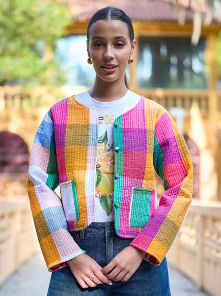Yumi Check Stripe Reversible Quilted Jacket, Multi, Multi