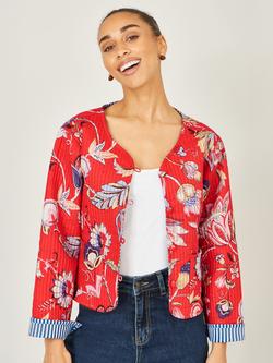 Yumi Boho Floral Stripe Reversible Quilted Jacket, Red, Red