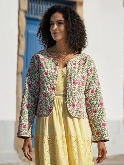 Yumi Boho Print Reversible Cotton Quilted Jacket, White, White