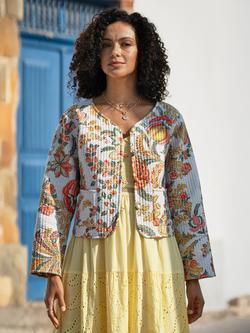 Yumi Boho Print Reversible Cotton Quilted Jacket, White - view 2, White