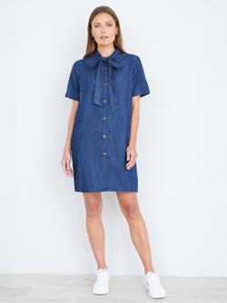 Yumi Bow Neck Denim Tunic Dress, Blue - view 2, Blue