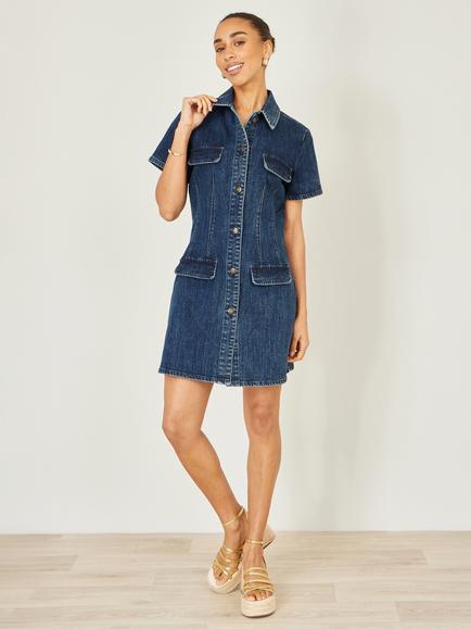 Yumi Denim Stretch Shirt Dress, Blue - view 2, Blue