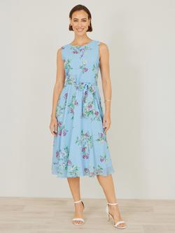 Yumi Tie Waist Floral Midi Dress, Blue - view 2, Blue