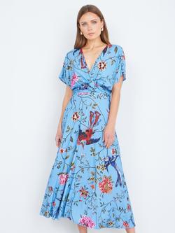 Yumi Bird Floral Ruched Waist Midi Dress, Blue, Blue