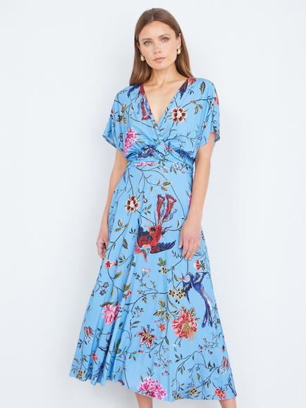 Yumi Bird Floral Ruched Waist Midi Dress, Blue, Blue