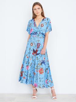 Yumi Bird Floral Ruched Waist Midi Dress, Blue - view 2, Blue