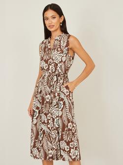 Yumi Leaf Print Shirt Midi Dress, Brown, Brown