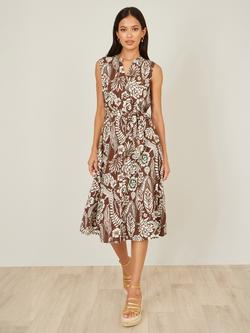 Yumi Leaf Print Shirt Midi Dress, Brown - view 2, Brown