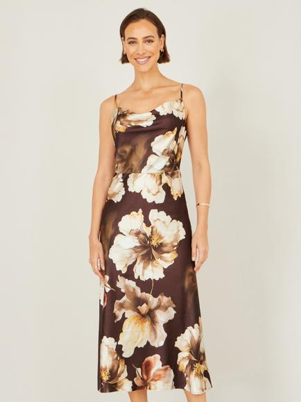 Yumi Cowl Neck Floral Satin Dress, Brown