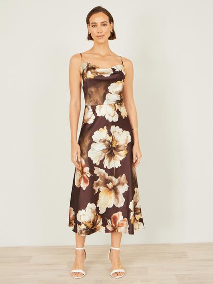Yumi Cowl Neck Floral Satin Dress - view 2, Brown