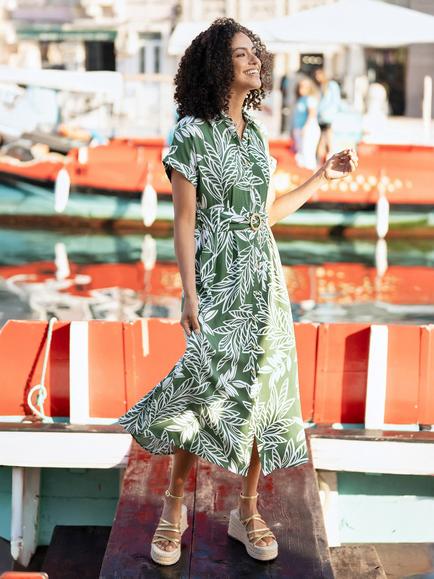 Yumi Leaf Print Midi Shirt Dress, Green - view 2, Green