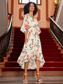 Yumi Floral Print Wrap Dip Hem Midi Dress, Ivory, Ivory