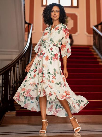 Yumi Floral Print Wrap Dip Hem Midi Dress, Ivory - view 2, Ivory