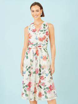 Yumi Floral Print Mesh Stretch Midi Dress, Ivory, Ivory