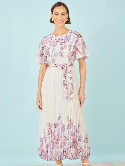 Yumi Floral Mirror Pleated Midi Dress, White, White