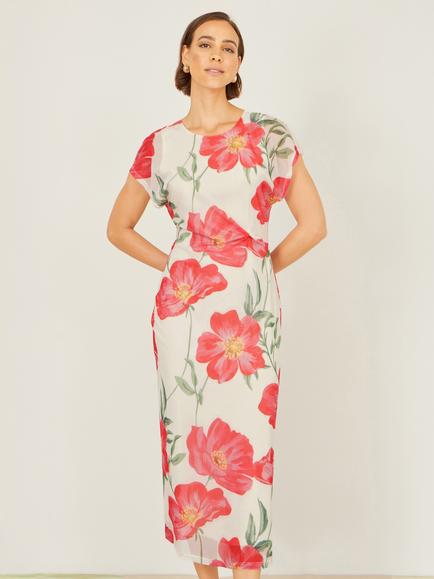 Yumi Poppy Print Midi Mesh Dress, Ivory, Ivory
