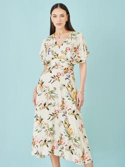 Yumi Painterly Floral Print Midi Dress, Ivory, Ivory