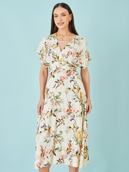 Yumi Painterly Floral Print Midi Dress, Ivory, Ivory