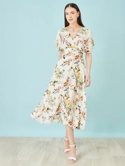 Yumi Painterly Floral Print Midi Dress, Ivory - view 2, Ivory