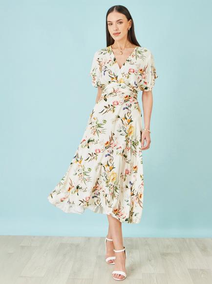 Yumi Painterly Floral Print Midi Dress, Ivory - view 2, Ivory