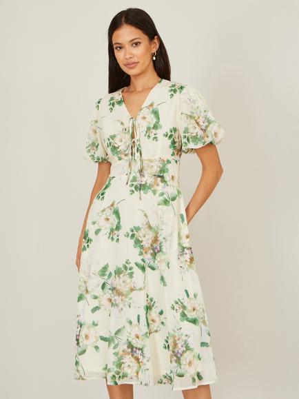 Yumi Front Ties Floral Tea Dress, Ivory