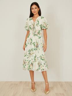 Yumi Front Ties Floral Tea Dress, Ivory - view 2, Ivory