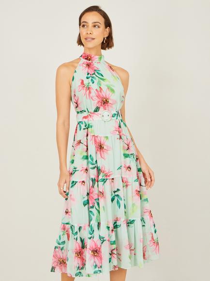 Yumi Floral Halterneck Midi Dress, Mint Green