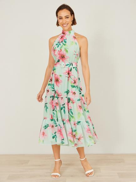 Yumi Floral Halterneck Midi Dress - view 2, Mint Green