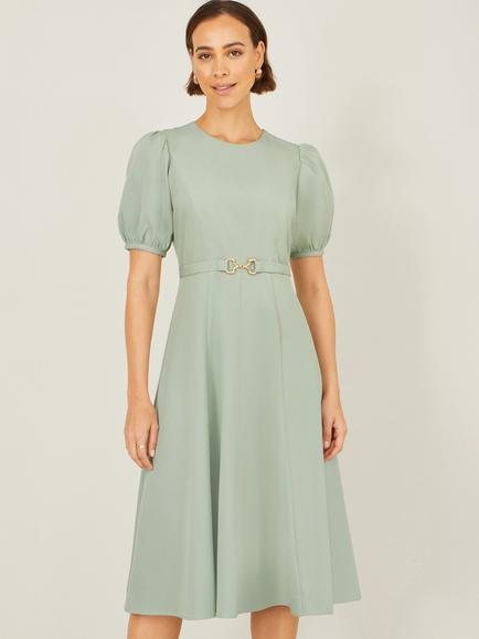 Yumi Puff Sleeves And Buckle Skater Dress, Mint Green