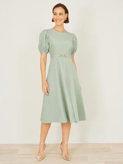 Yumi Puff Sleeves And Buckle Skater Dress, Mint Green - view 2, Mint Green