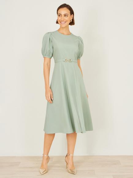 Yumi Puff Sleeves And Buckle Skater Dress - view 2, Mint Green