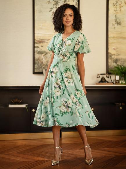 Yumi Front Ties Floral Tea Dress, Mint Green
