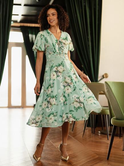 Yumi Front Ties Floral Tea Dress - view 2, Mint Green