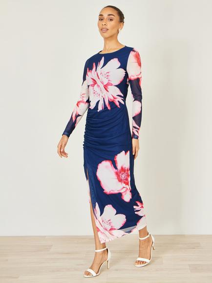Yumi Floral Mesh Sleeves Maxi Dress, Navy - view 2, Navy