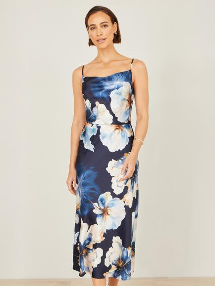 Yumi Cowl Neck Floral Satin Dress, Navy
