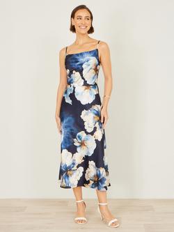 Yumi Cowl Neck Floral Satin Dress, Navy - view 2, Navy